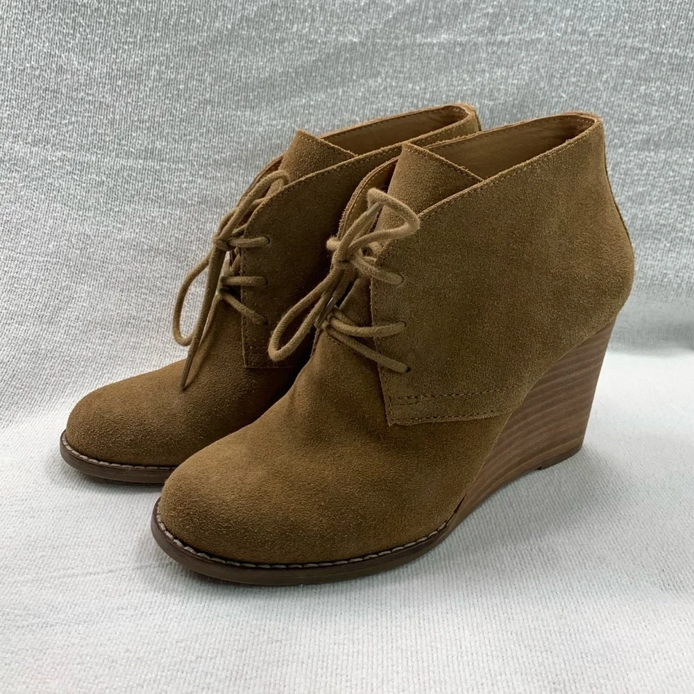 Lucky Brand Yamene Suede Wedge Ankle Booties Heeled Lace-up Boot Khaki Size 6 M